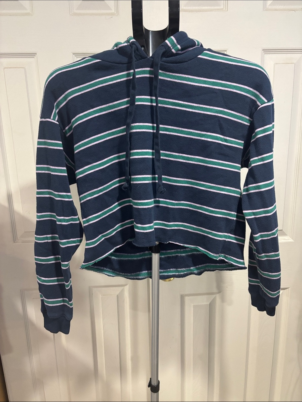 American Eagle Outfitters Navy, Lilac & Green Striped Cropped Hoodie